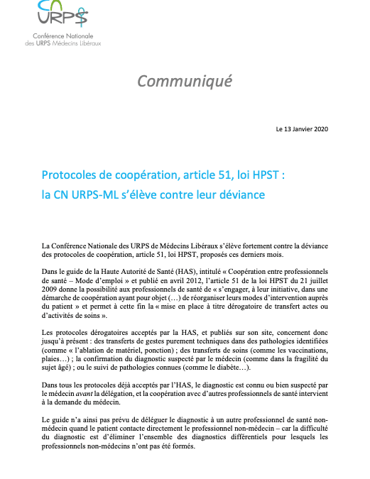 Protocoles de coopération, article 51, loi HPST : la CN URPS ML s’élève contre leur déviance